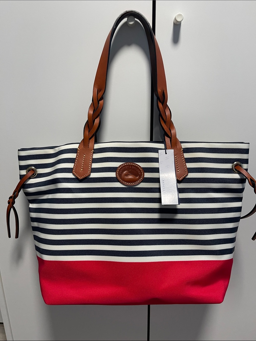 Dooney & Bourke Navy, White & Red Striped Tote with Brown Leather Handles